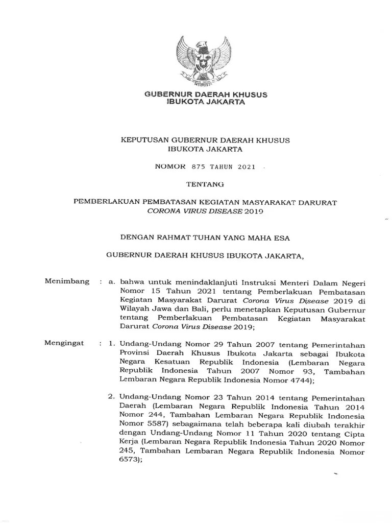 Keputusan Gubernur DKI Jakarta Tentang Pemberlakuan Pembatasan Kegiatan  Masyarakat Darurat Corona Virus Disease 2019 (Revisi) | PDF
