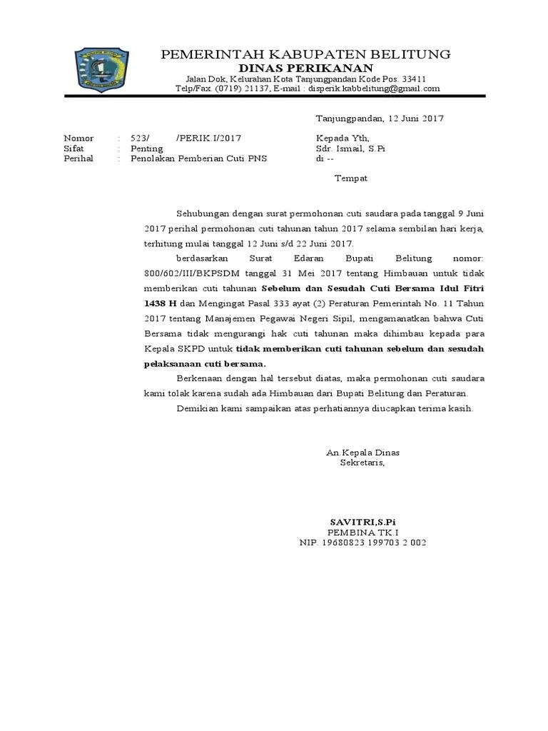 Surat edaran kepala badan administrasi kepegawaian negara . Contoh Surat Penolakan Cuti Tahunan Pns Pdf