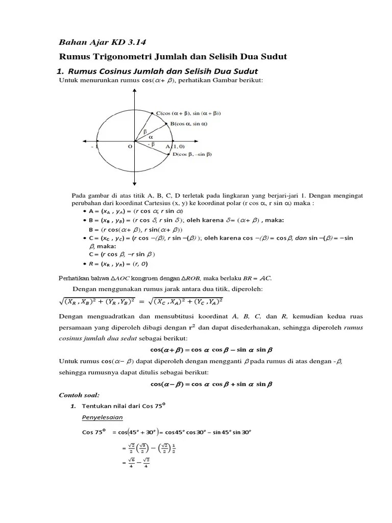 Cosinus jumlah dan selisih dua sudut sangat penting untuk kita pelajari terutama untuk. Jumlah Dan Selisih Dua Sudut Revisi Pdf