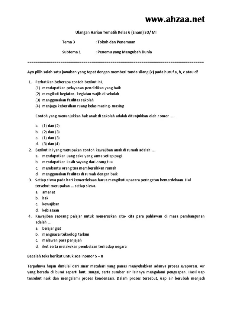 Ulangan Harian Tematik Kelas 6 Tema 3 Subtema 1 | PDF