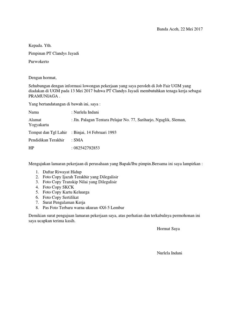 Bila anda ingin mendownload contoh surat lamaran kerja untuk job fair dalam format.doc. Contoh Surat Lamaran Kerja Pramuniaga Pdf