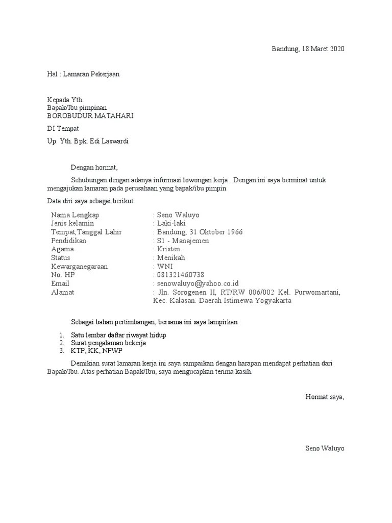 Surat lamaran kerja sangat dibutuhkan oleh semua kalangan guna melamar pekerjaan baru baik untuk kamu yang baru lulus kuliah, pindah kerja, …, . Lamaran Borma Pdf