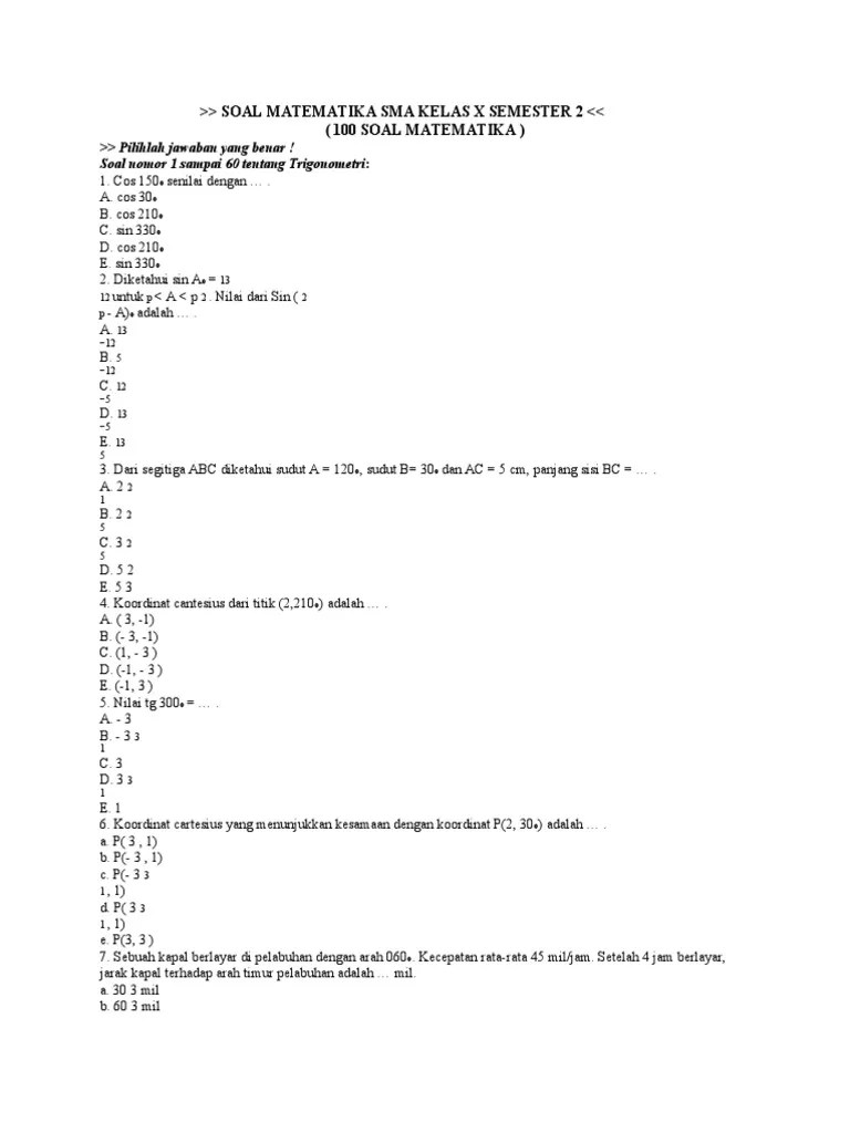 Soal Matematika Sma Kelas X Semester 2 Trigonometri