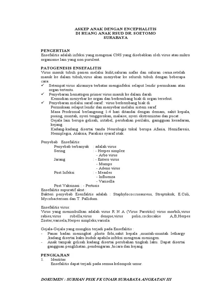 Bab i pendahuluan ensefalitis adalah suatu peradangan akut dari jaringan parenkim. Lk Askep Anak Dengan Ensefalitis Pdf