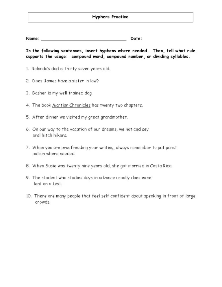 hyphen practice worksheet pdf