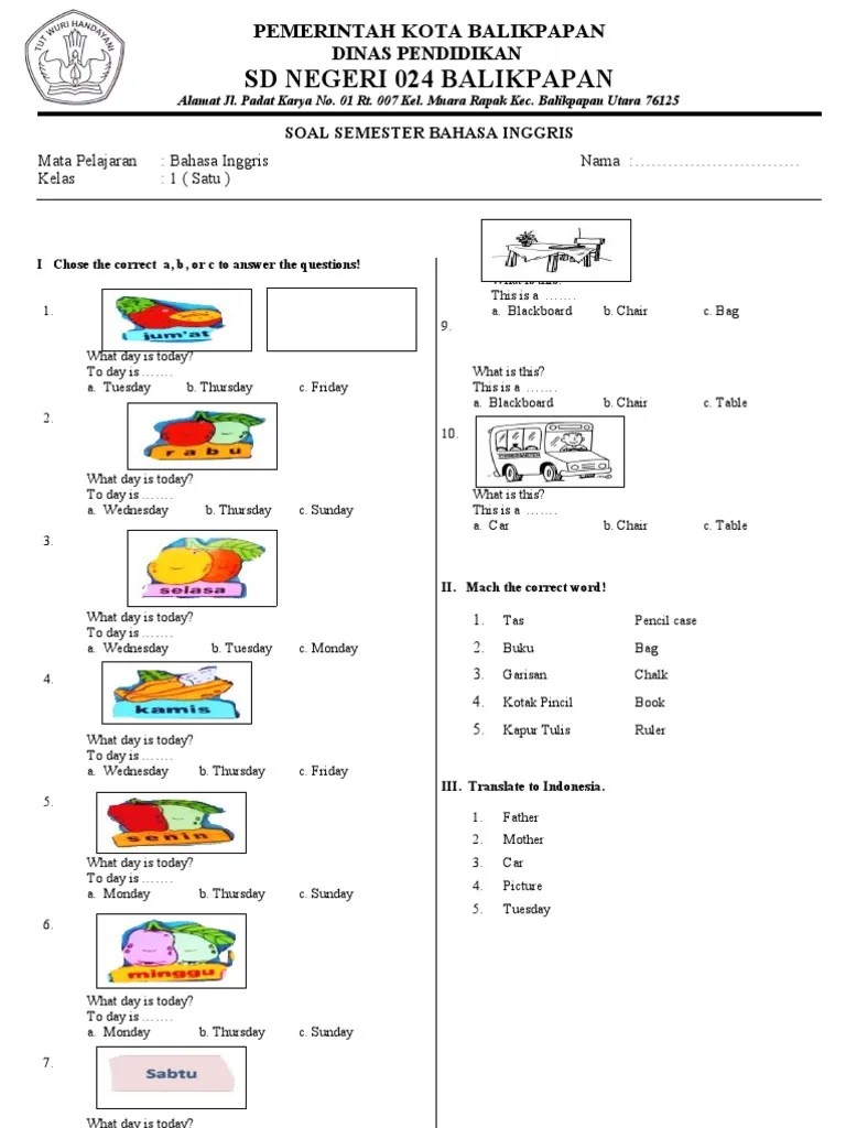 Contoh Soal Bahasa Inggris Kelas 1 & 2 Semester 2