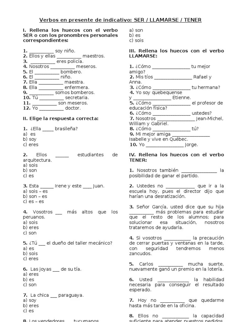 Algunos ejercicios con los verbos: 2 Verbos Ser Llamarse Tener Pdf