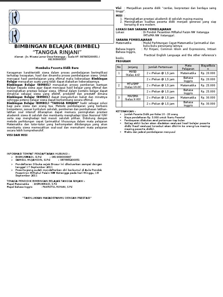 Berikut akan saya berikan contoh desain brosur bimbel rumahan. BROSUR BIMBEL