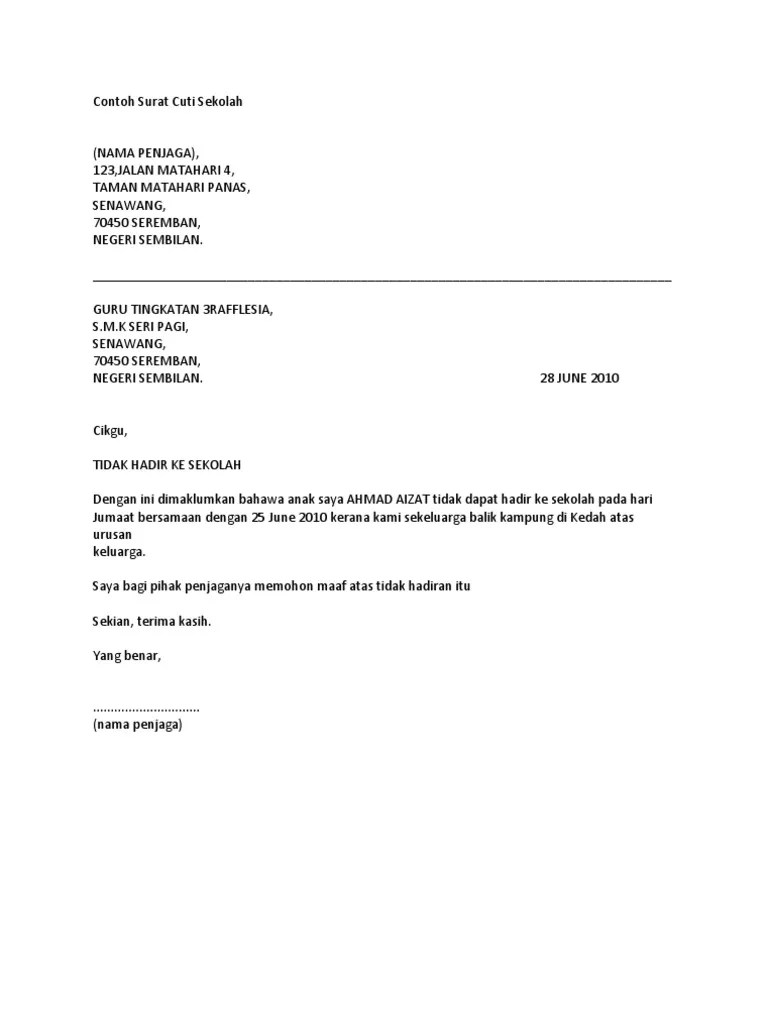 Contoh surat rasmi cuti sekolah balik kampung feed news indonesia cute766. Contoh Surat Cuti Sekolah Pdf