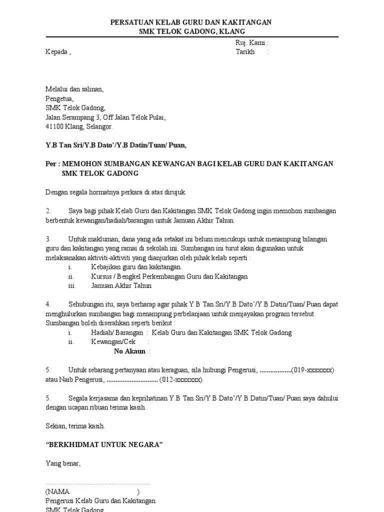 Memohon sumbangan kewangan dan bahan mentah bagi program memasak bubur asyura. Contoh Surat Mohon Sumbangan Pdf