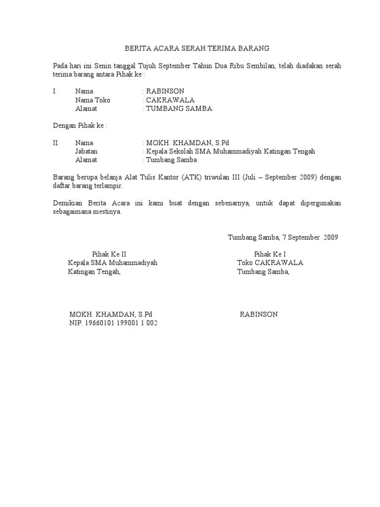 Berita acara serah terima barang. Berita Acara Serah Terima Barang Pdf