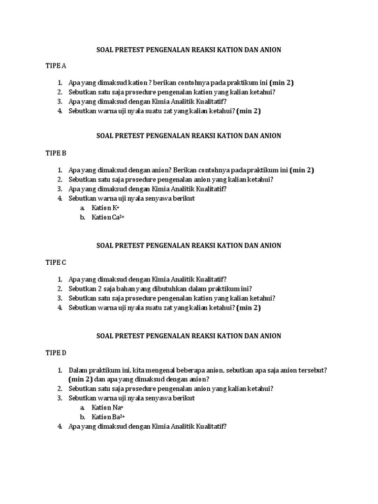 Vindy ayu saputri nim : Soal Pretest Pen Gen Alan Reaksi Kation Dan Anion Pdf