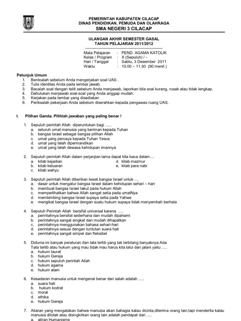 Soal agama kristen kelas 10 kurikulum 2013 terbaru 2017. Agama Katolik Kelas X Sepuluh Uas 1 2011 2012 Pdf