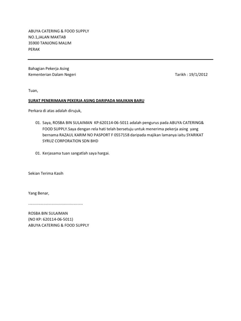 Contoh surat berhenti kerja notis sebulan by farhanfuad in types > resumes & cvs. Surat Pekerja Asing Pdf