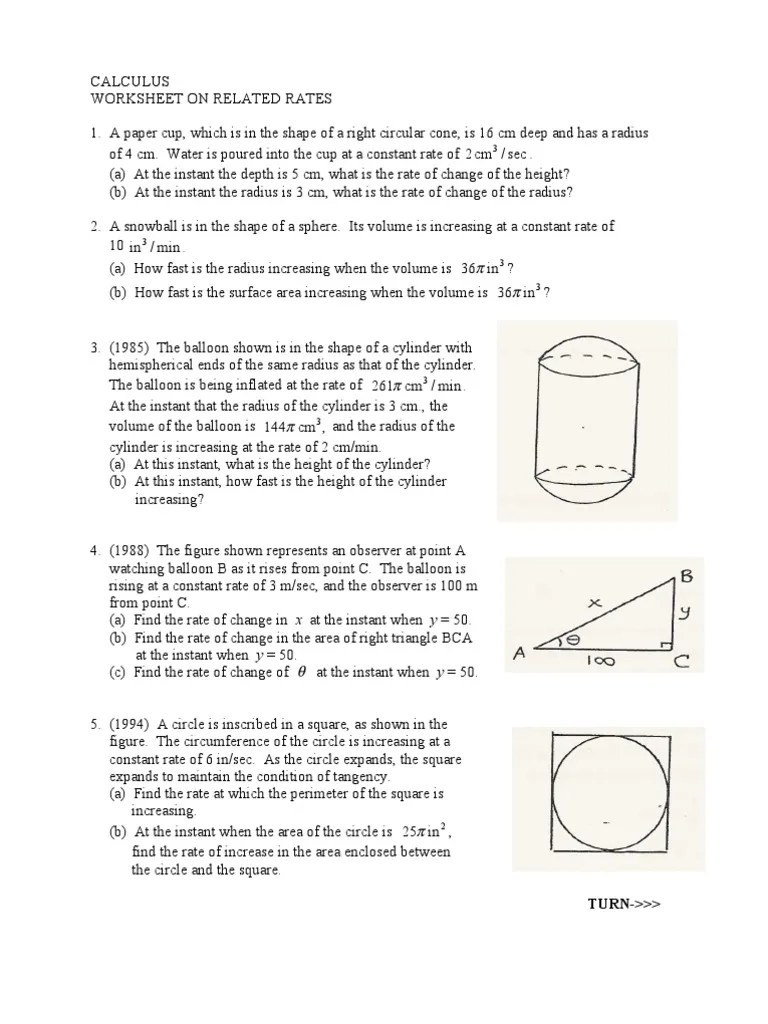 Calculus related rates lesson:your ap calculus students will use the chain rule and other differentiation techniques to interpret and . Calc Ws On Related Rates Pdf Volume Sphere