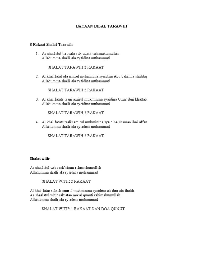 Bacaan Bilal Shalat Tarawih 11 Rakaat Arab Dan Latin
