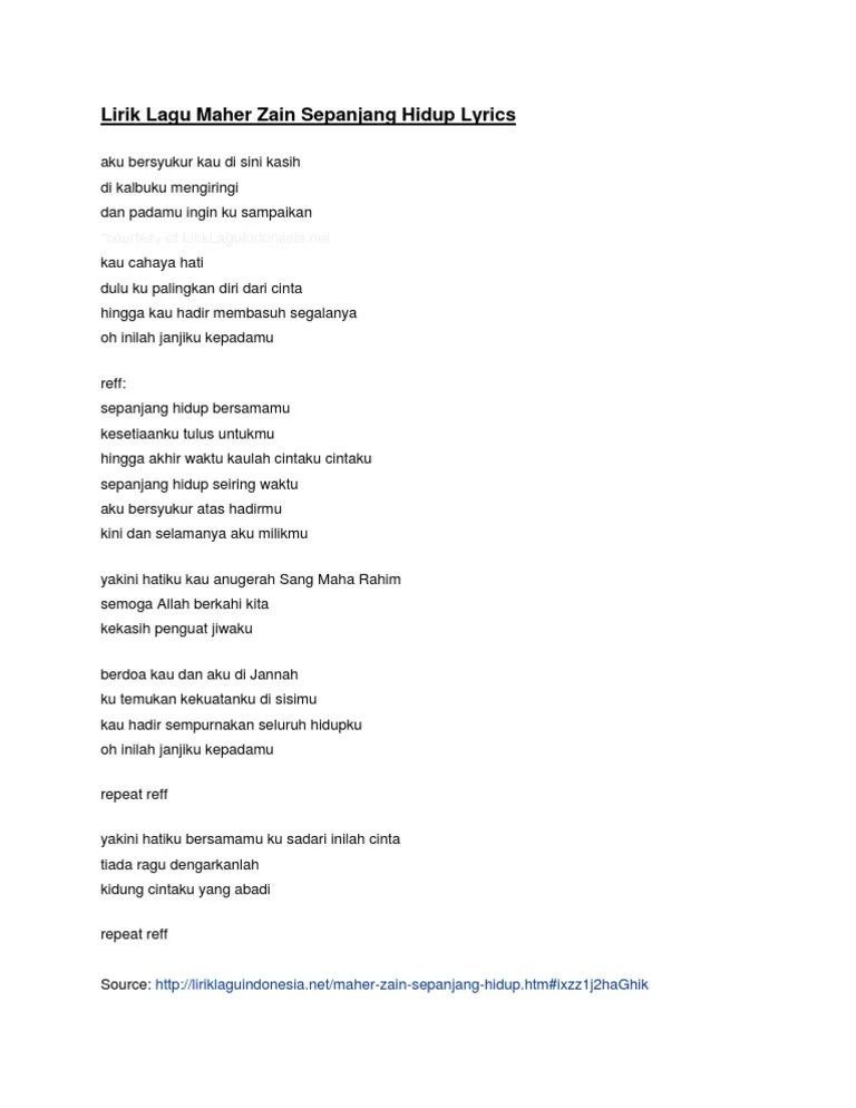 Lirik Lagu Maher Zain Sepanjang Hidup Lyrics | PDF