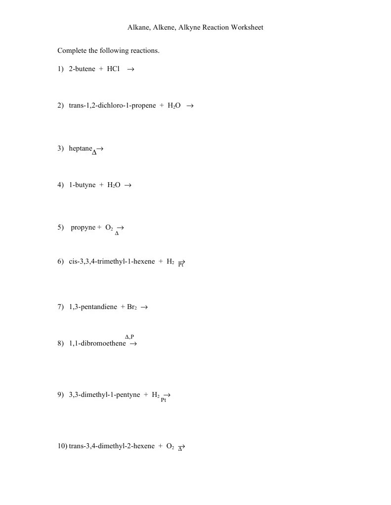 Draw the major organic product of the following reaction br2 Alkane Alkene Alkyne Reaction Worksheet Pdf