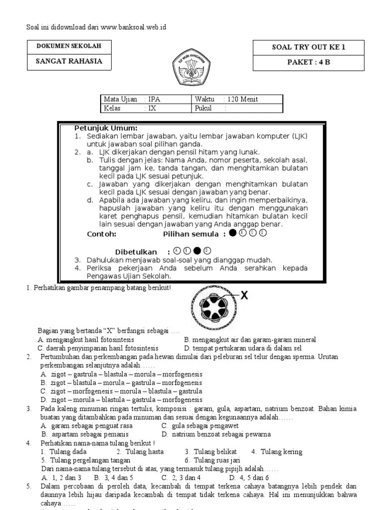 Perbandingan kelereng adi dan ida adalah 3: Soal Try Out Ujian Nasional Smp Ipa Paket B