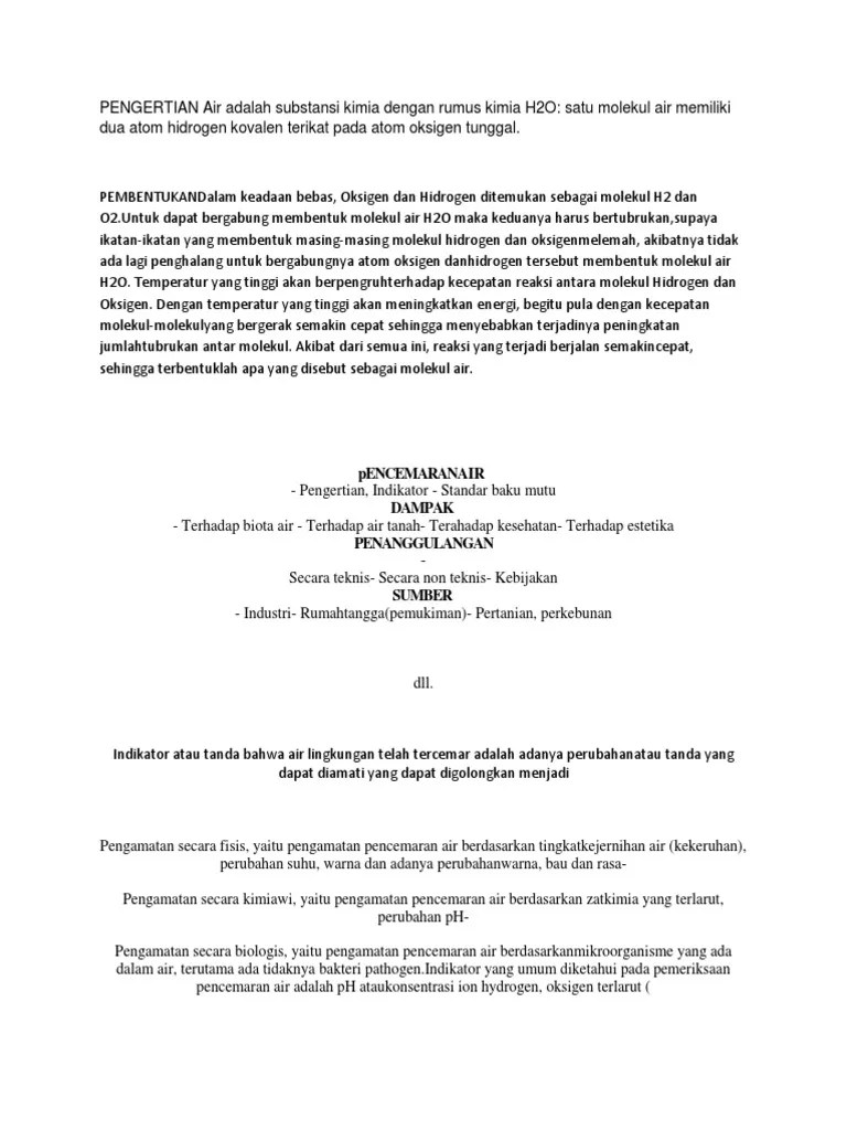 PENGERTIAN Air Adalah Substansi Kimia Dengan Rumus Kimia H2O | PDF