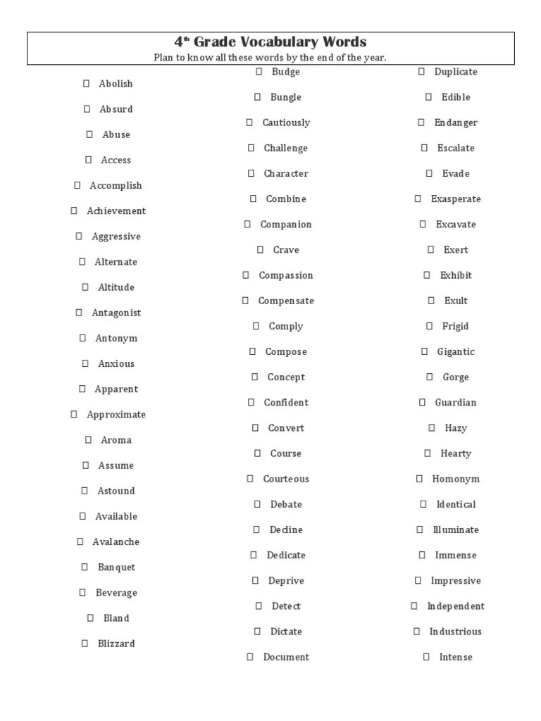 4th grade vocabulary words pdf