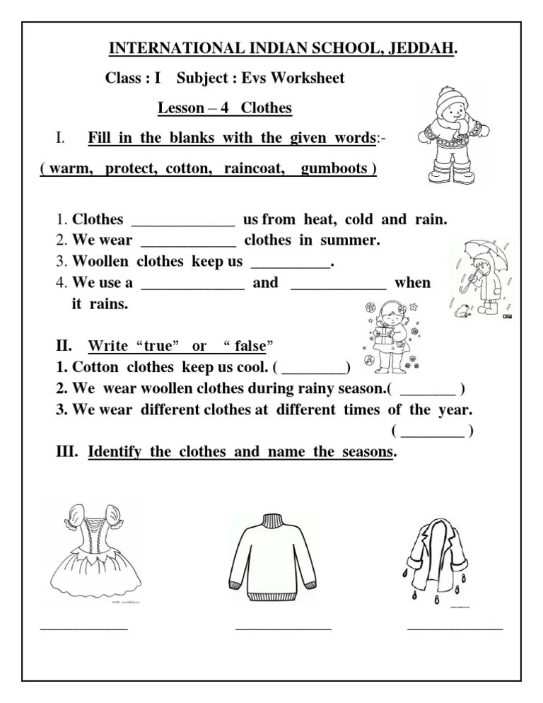 evs worksheet class i lesson 4 clothes pdf clothing nature