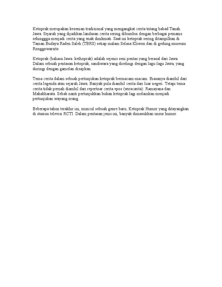 Ketoprak Merupakan Kesenian Tradisional Yang Mengangkat Cerita Tntang Babad  Tanah Jawa | PDF