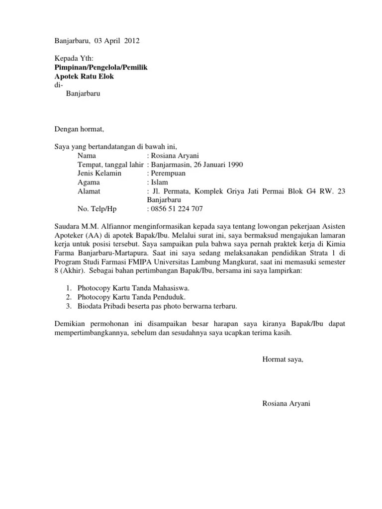 Bagi anda yang ingin melamar di . Surat Lamaran Kerja Apotek Ratu Elok Pdf