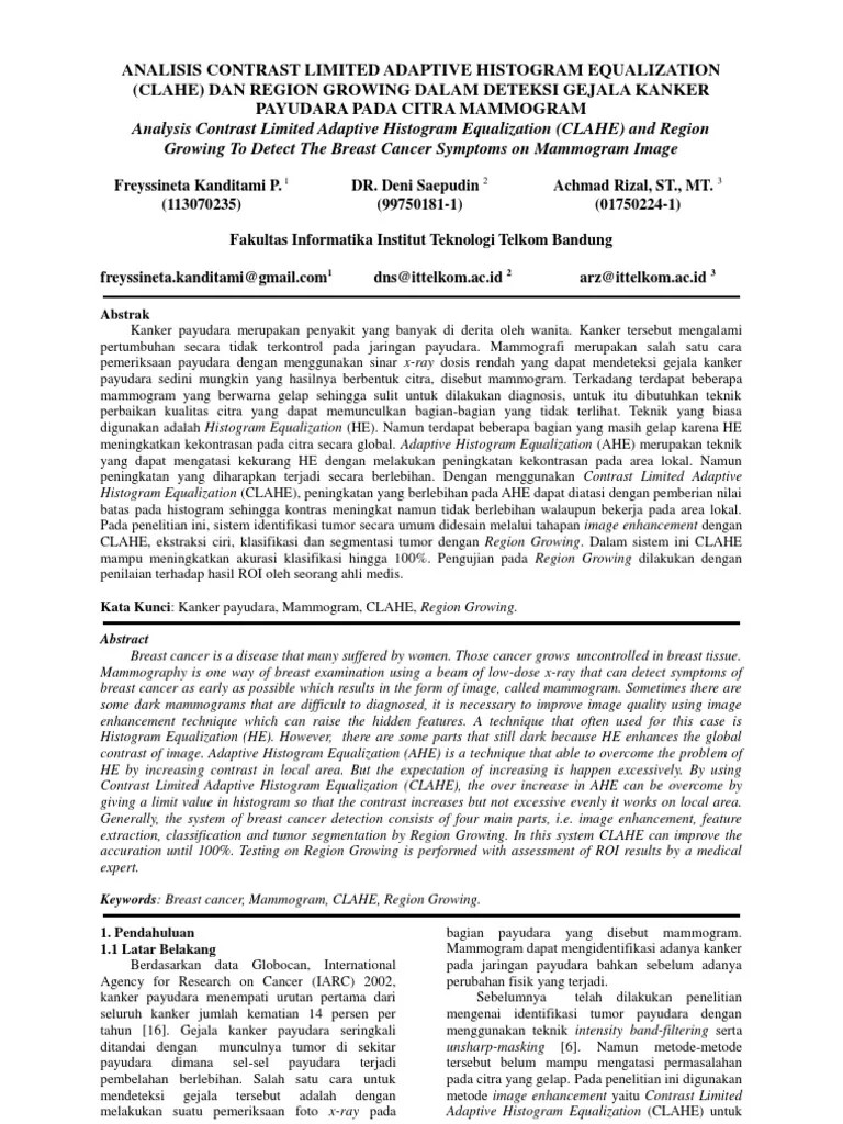 Analisis Contrast Limited Adaptive Histogram Equalization Dan Region  Growing Untuk Deteksi Gejala Kanker Payudara Pada Citra Mammogram | PDF