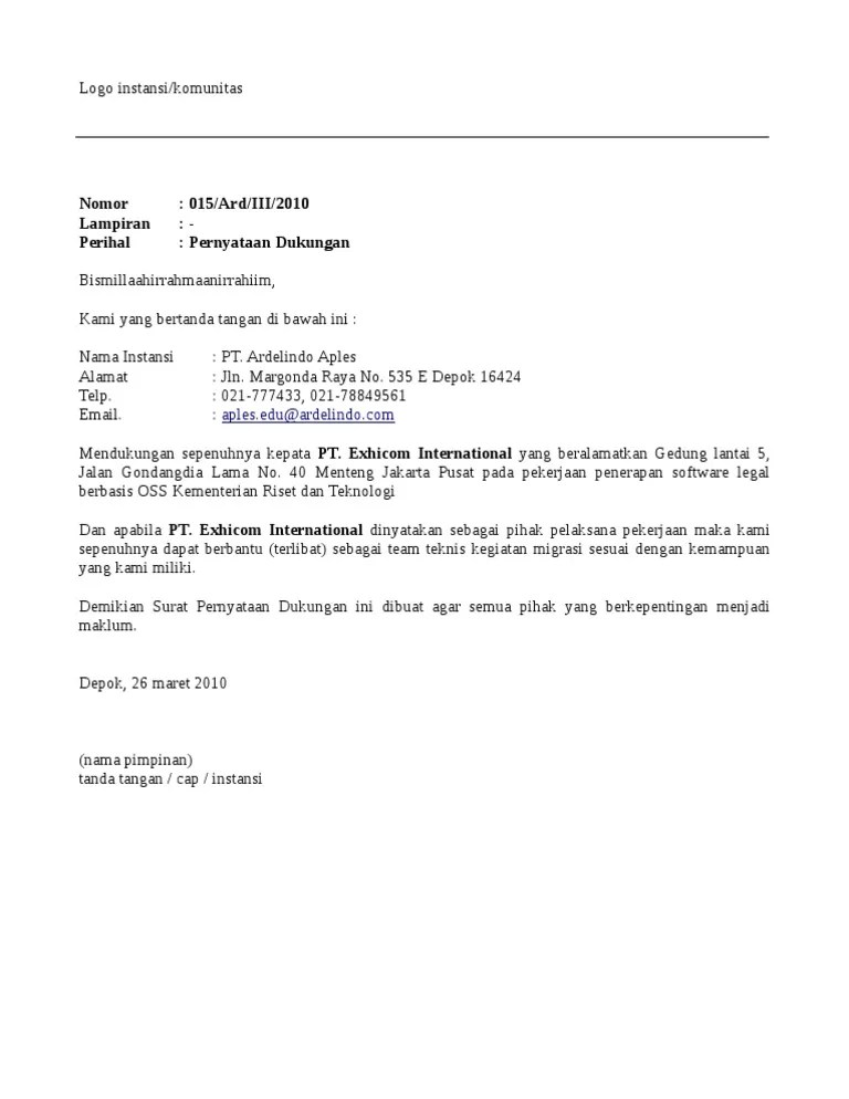 Contoh surat dukungan quarry 20. Contoh Surat Dukungan Pdf