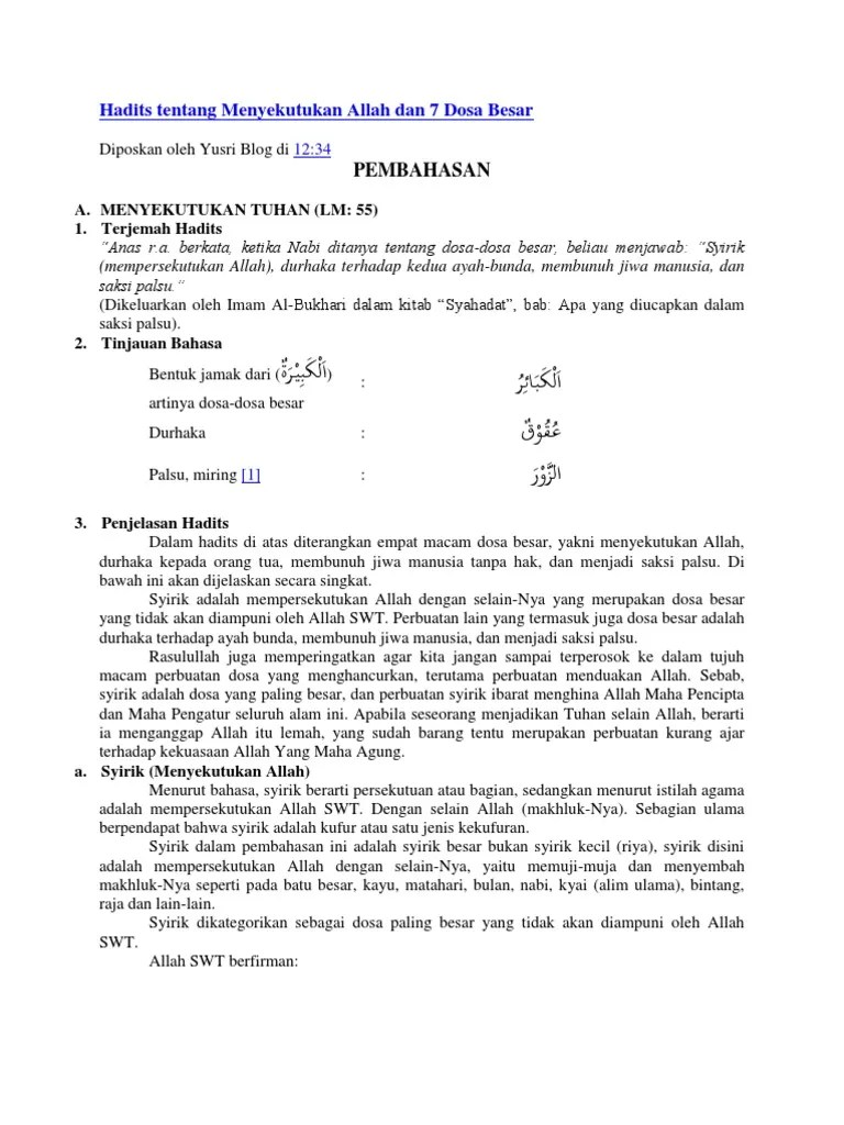 Hadits Tentang Menyekutukan Allah Dan 7 Dosa Besar | PDF