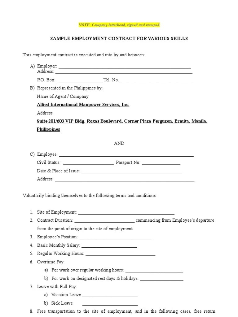 sample employment contract working time employment