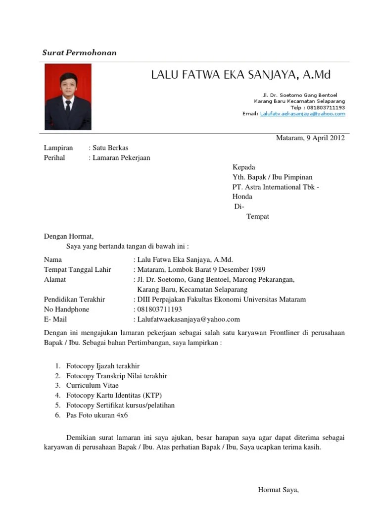 Surat Lamaran Pekerjaan PT. Astra Jaya' | PDF