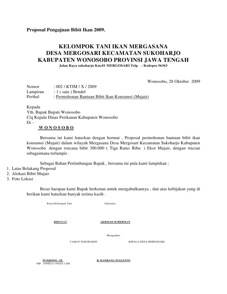 Guna pencapaian kemajuan kelompok budidaya ikan dan . Proposal Pengajuan Bibit Ikan 2009