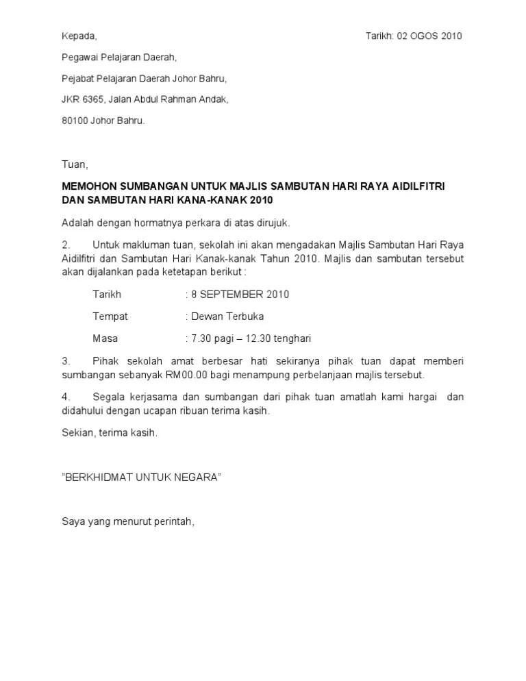 Surat jemputan yb ke sukan tahunan. Contoh Surat Mohon Sumbangan Pdf