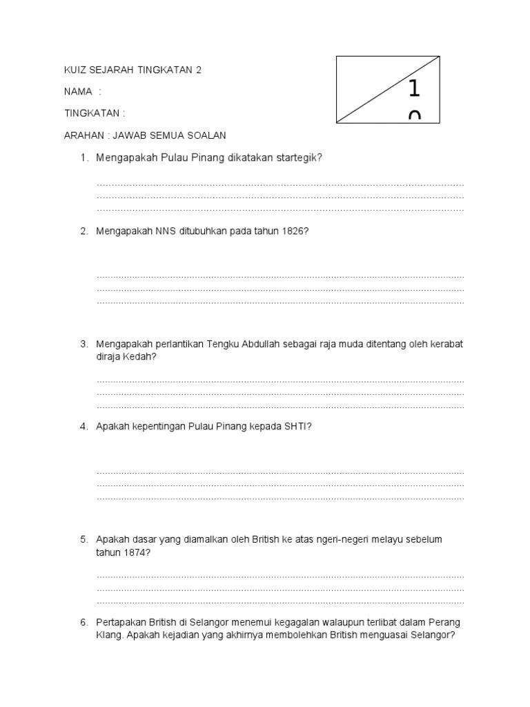 Ficha online de kesultanan perak,pahang, terengganu dan selangor para tingkatan 2. Kuiz Sejarah Tingkatan 2 Pdf