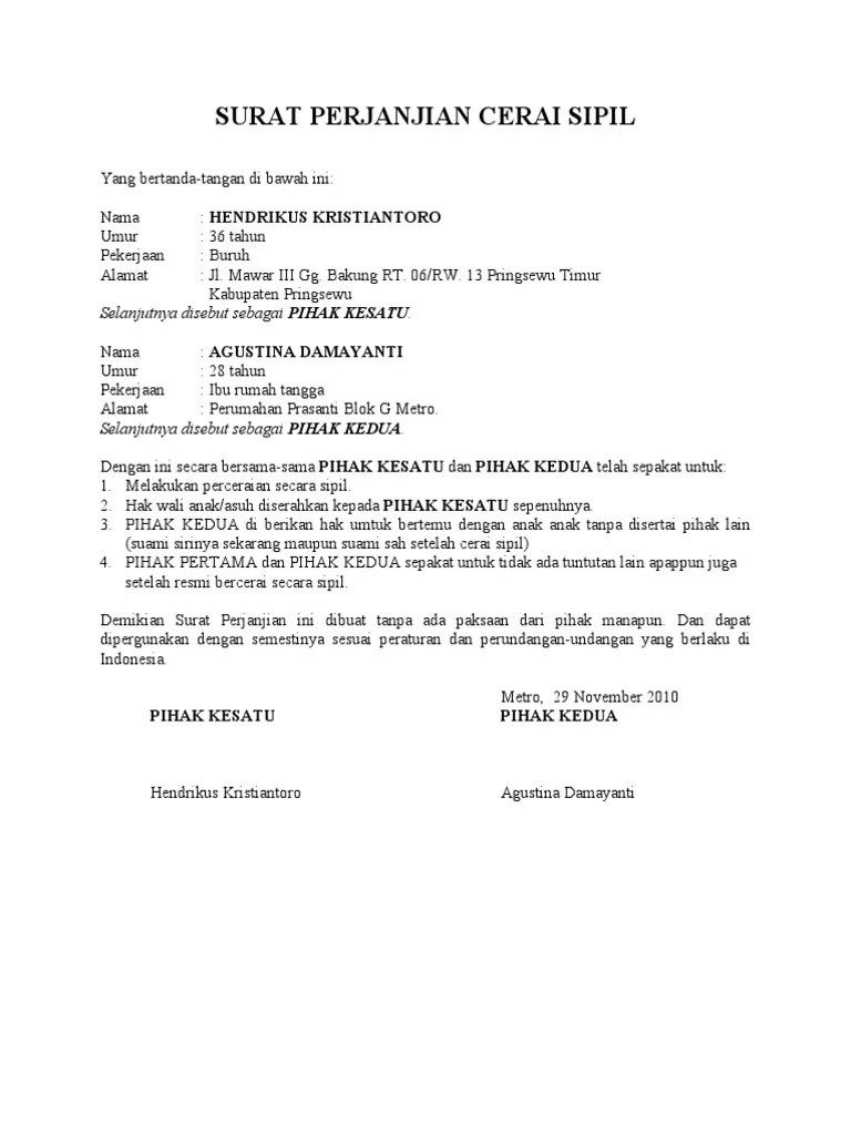 Perceraian adalah salah satu hal yang paling dihindari setiap pasangan dalam menjalani bahtera rumah tangga. Surat Perjanjian Cerai