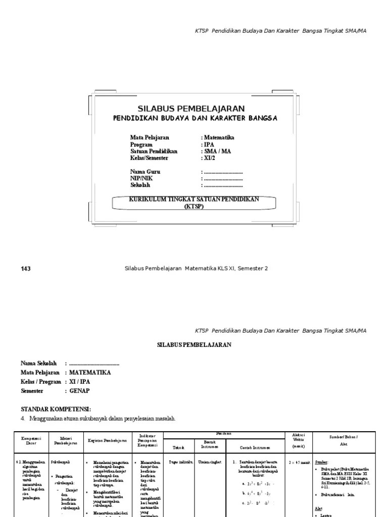 Silabus nama sekolah mata pelajaran kelas / program semester: Silabus Matematika Kelas Xi Ipa Semester 2 Pdf