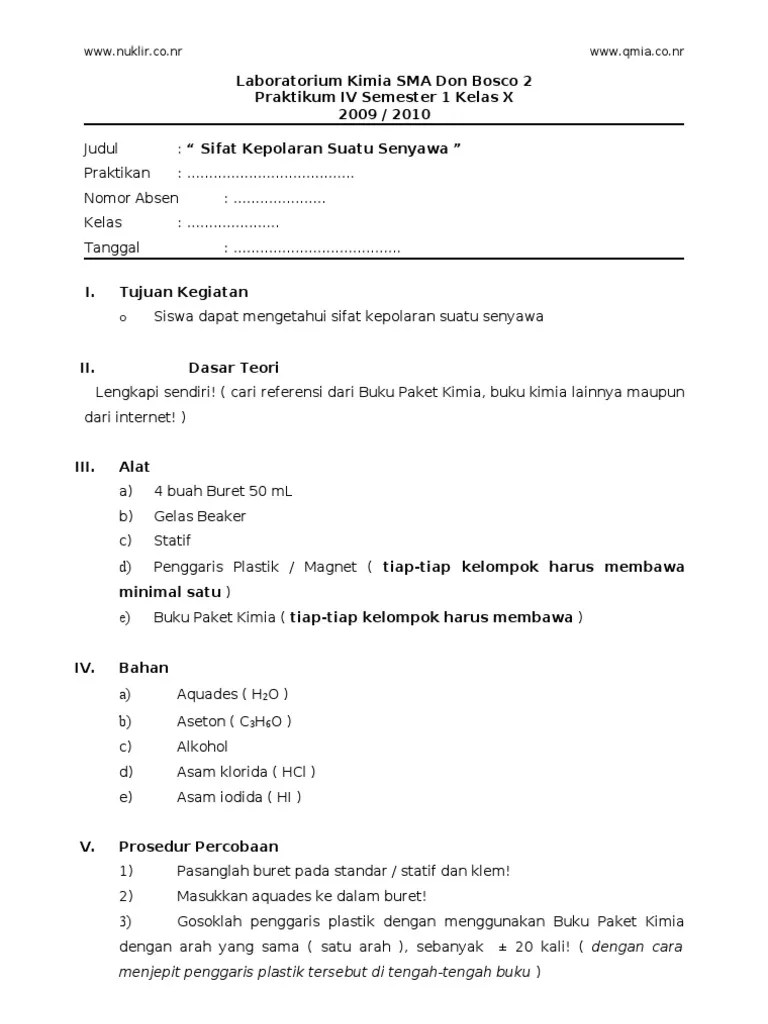 Soal kimia kelas 10 semester 1 dan jawabannya kurikulum 2013 berisikan materi yang sama dengan soal essay kimia kelas 10 semester ganjil k13 sma ma soal pilihan ganda postingan kali ini berisikan materi soal pg pengenalan ilmu kimia bab 1 seperti. Lks Praktikum Kimia Kelas X