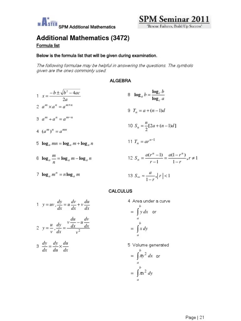 ( )m n mn a a. Spm Addmath Formula List Given Pdf Triangle Geometry Elementary Geometry