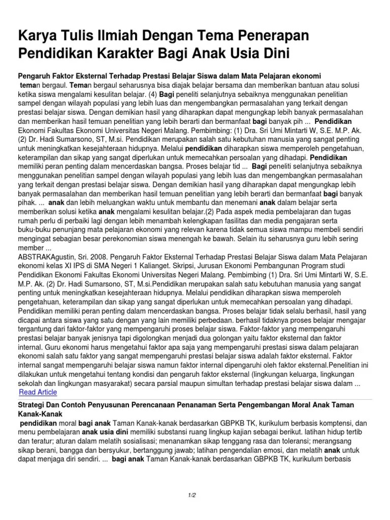 Karya Tulis Ilmiah Dengan Tema Penerapan Pendidikan Karakter Bagi Anak Usia  Dini | PDF