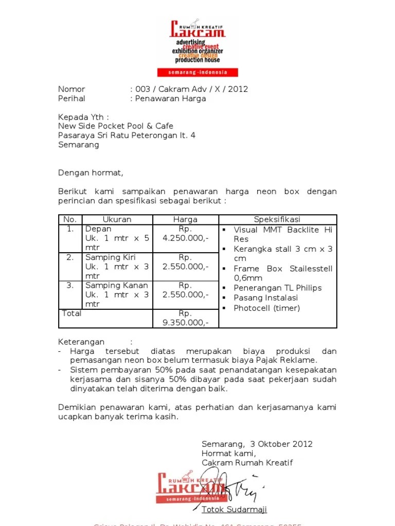 3 daftar rincian penawaran harga barang/jasa. Penawaran Harga Neon Box