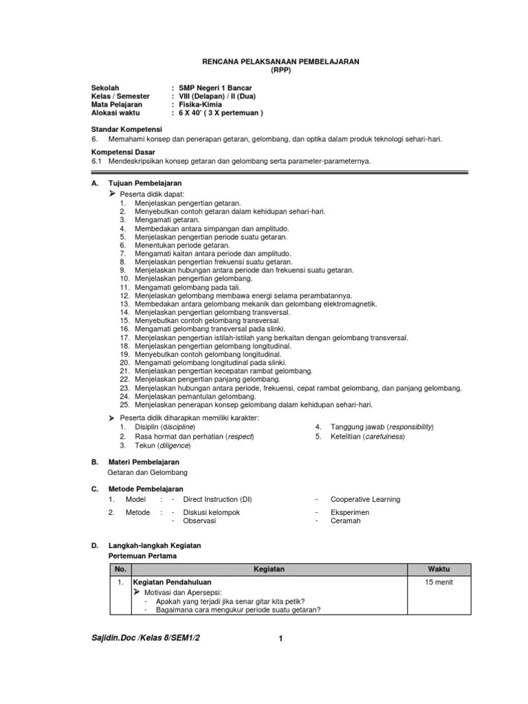 Materi getaran dan gelombang diajarkan pada peserta didik kelas 8 smp/mts. Rpp Fisika Smp Kelas 8 Getaran Dan Gelombang Pdf