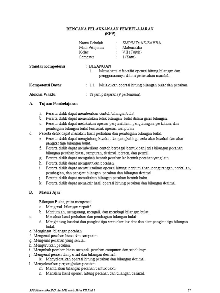 Rpp matematika smp kelas 7 k13 revisi 2018 ini adalah rpp lengkap karena. Rpp Matematika Smp Kelas Vii Bab Bilangan Pdf
