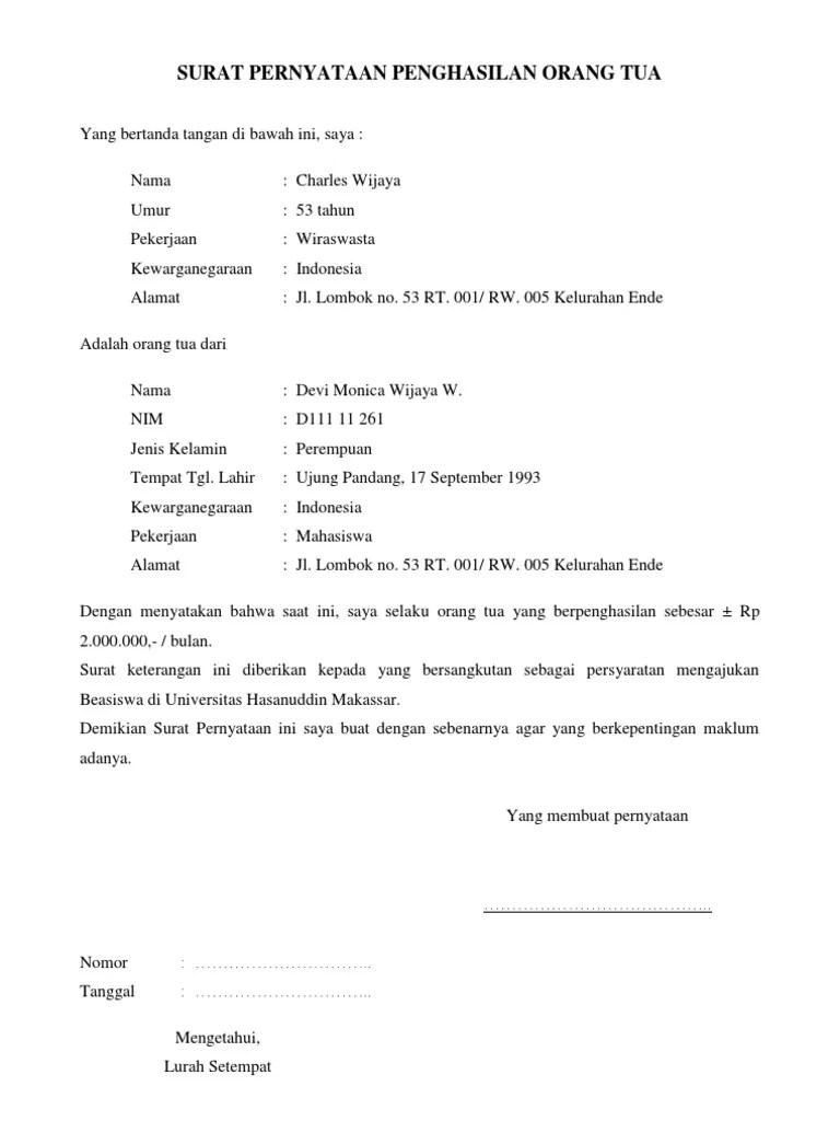 Melamar beasiswa, pencairan dana jaminan hari tua bpjs . Contoh Surat Keterangan Penghasilan Orang Tua Untuk Ukt Nusagates