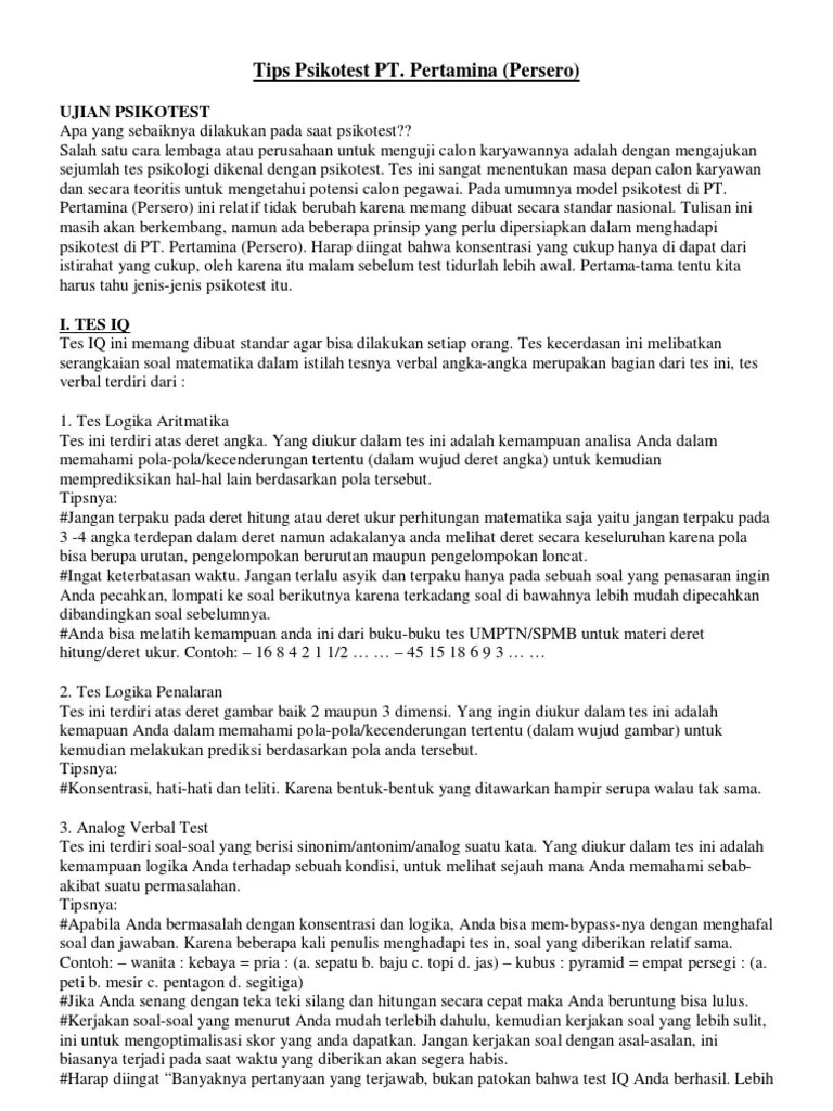 Ada juga latihan soal psikotes online yang. Tips Psikotest Pt Pertamina