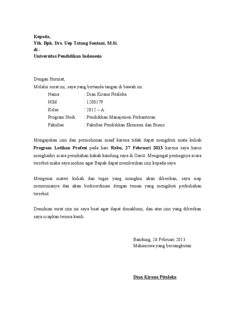 Contoh Surat Izin Tidak Masuk Kuliah Karena Acara Keluarga | PDF