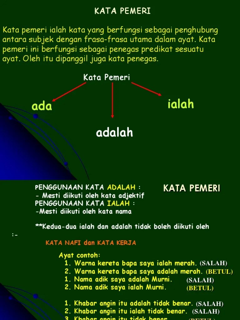 Kata pemeri ialah perkataan yang digunakan untuk memerihalkan bahagian subjek dan predikat sesuatu ayat. Kata Pemeri Pdf