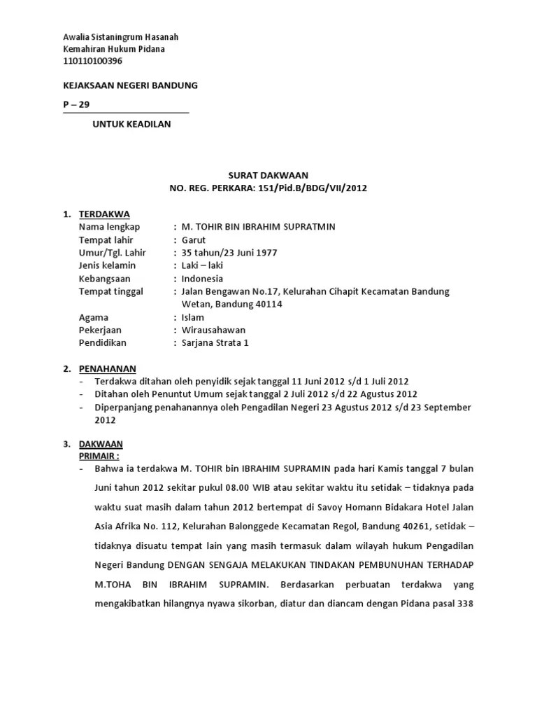 Apakah bentuk surat dakwaan alternatif untuk membuktikan kesalahan terdakwa dalam putusan nomor : Contoh Surat Dakwaan
