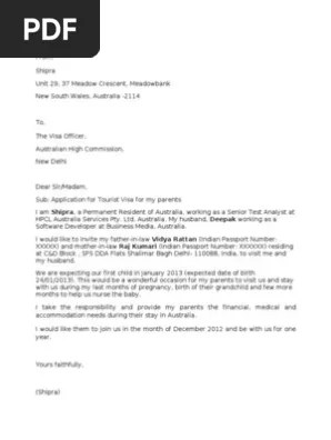 Date:_____ (date on which letter is written) to, sharon galloway, 630 saxon street. Australian Tourist Visa Invitation Letter Pregnancy